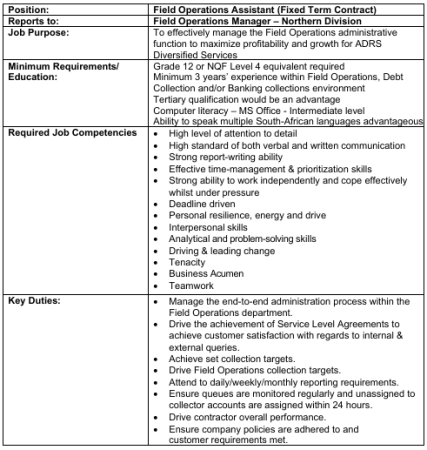 Vacancy Field Operations Assistant